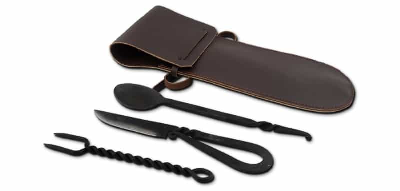 Spoon, Fork, Knife W/Leather Pouch, Blackened Stainless By Say