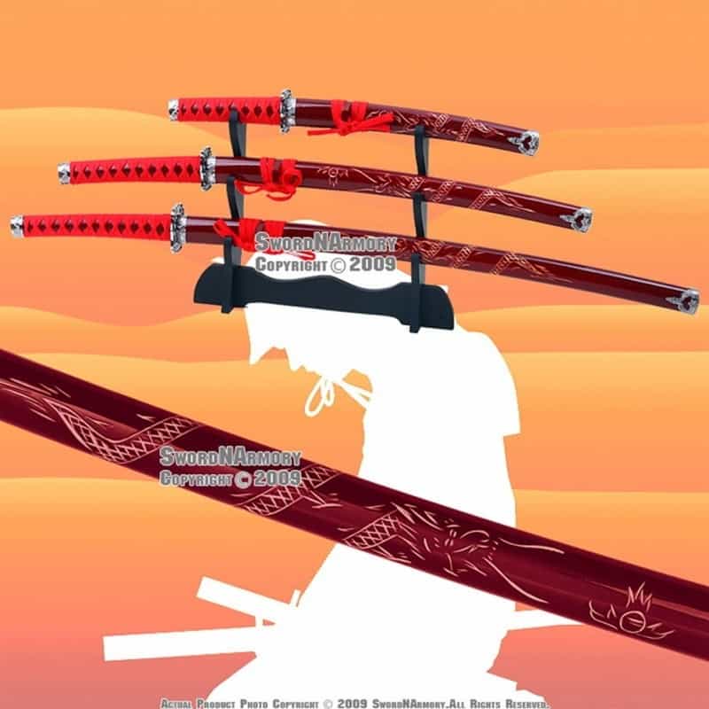 4 Pcs Red Classic Dragon Japanese Samurai Sword Set Katana Wakizashi Tanto Stand