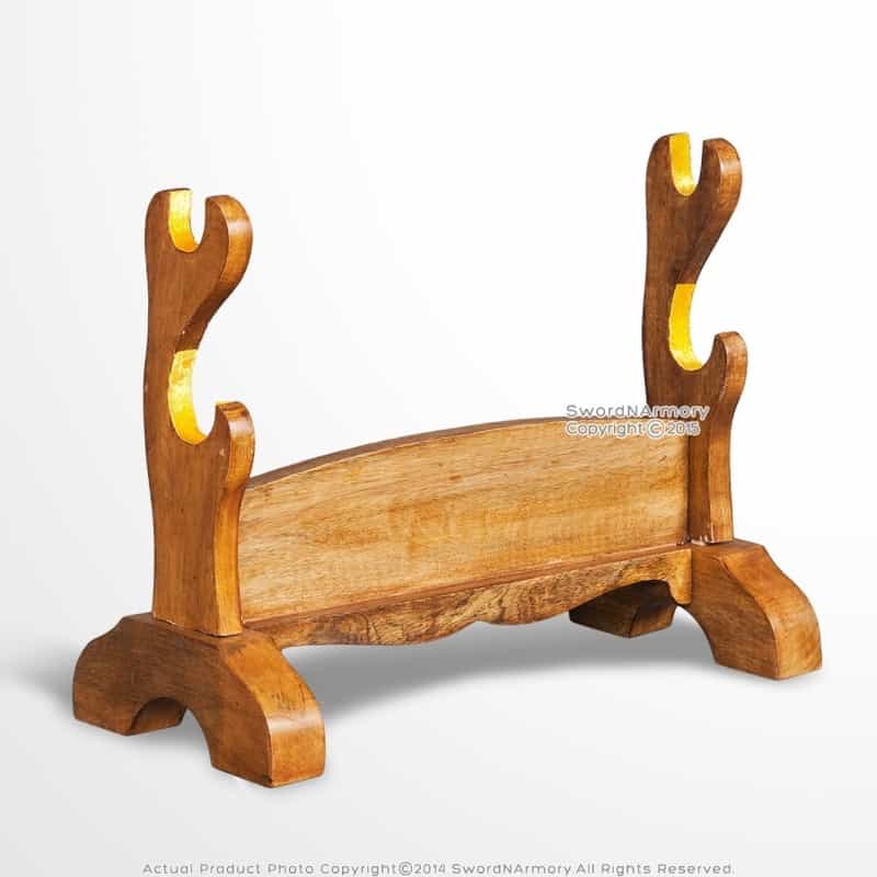 2 Tier Solid Wood Samurai Sword Display Stand Natural Finished With Velvet Lined