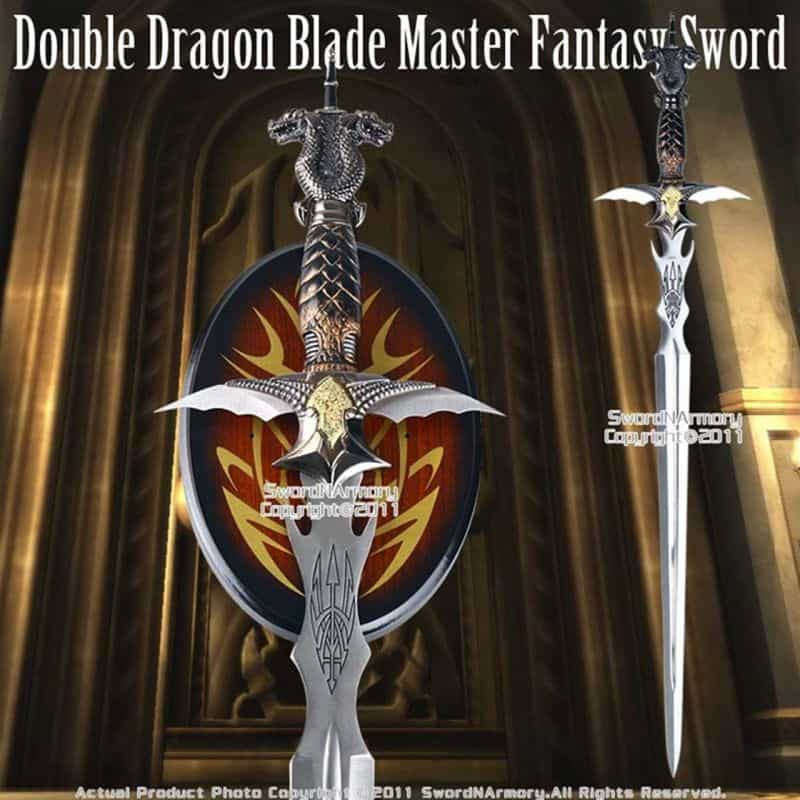 Double Dragon Blade Master Fantasy Sword Dagger With Wooden Display Plaque