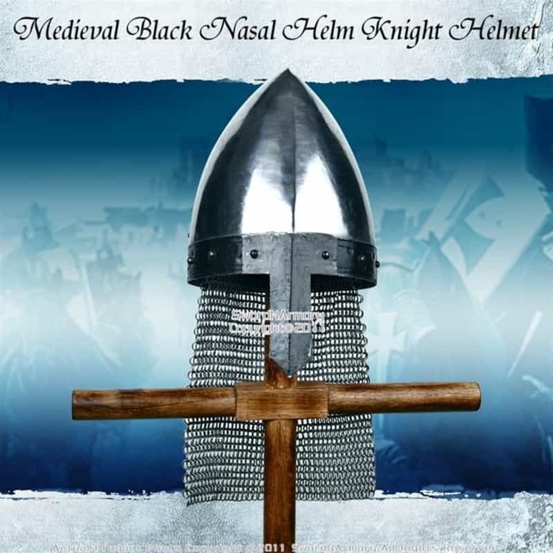 Medieval Black Nasal Helm Knight Helmet W/ Chain Mail