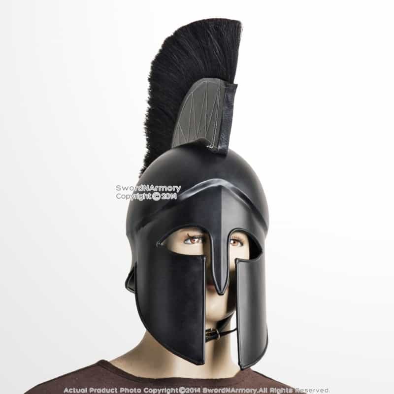Black Wearable Greek Corinthian Spartan Battle Helmet W/ Plume Linear 20G Steel