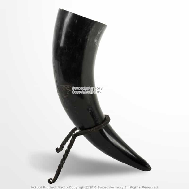Handmade Medieval Eagle Engraved Cow Horn W/Iron Display Rack