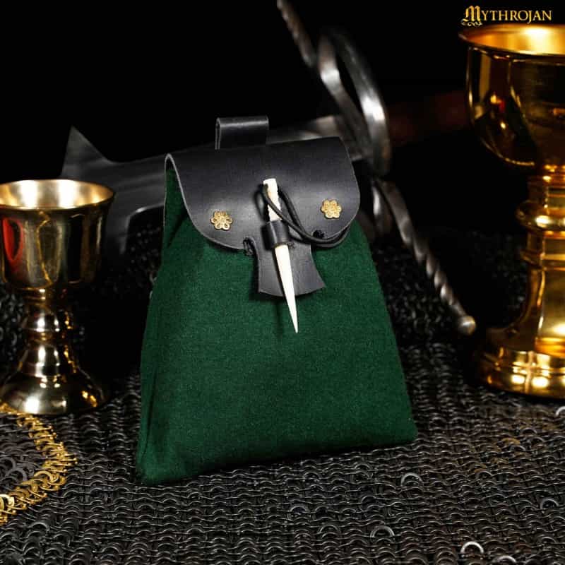 Mythrojan âGold And Diceâ?Medieval Fantasy Belt Bag With Bone Needle Closure, Ideal For Sca Larp Reenactment & Ren Fair, Black And Green, 7"ã7"