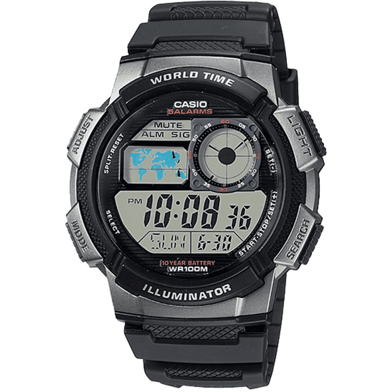 Classic World Time Digital Watch W/ 100 Meter Water-Resistance