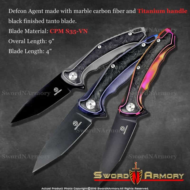 Defcon Agent Made With Marble Carbon Fiber And Titanium Handle, And A Black Finished Tanto Blade