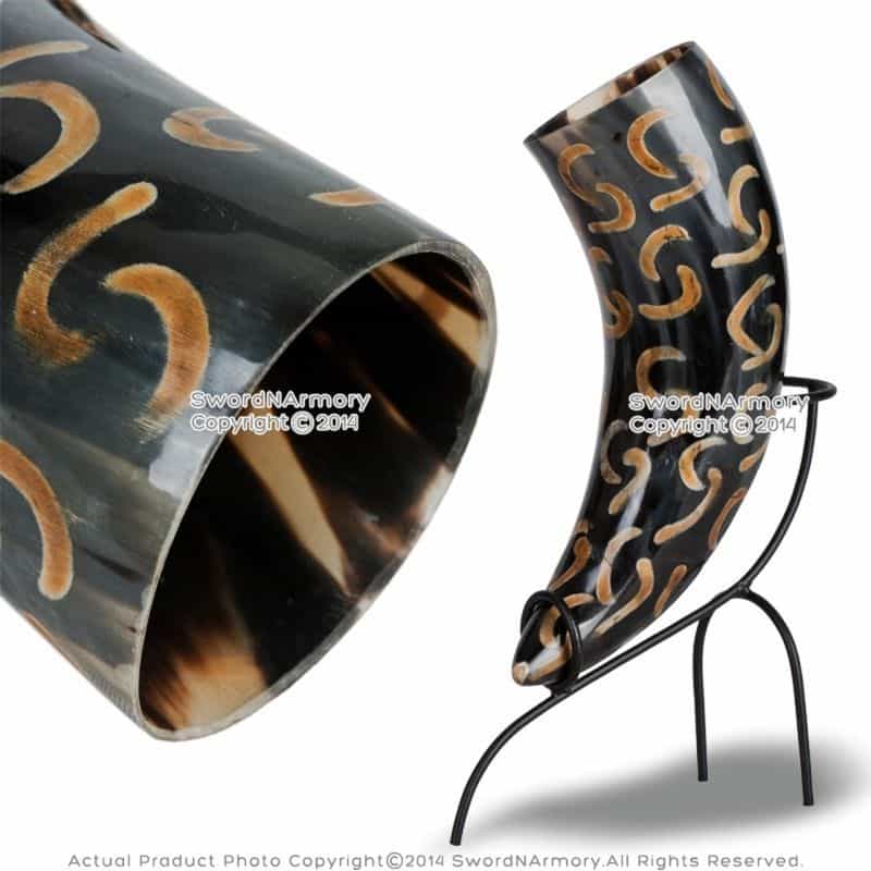 Crescent Design Cow Medieval Drinking Horn With Burnt Mark And Iron Stand