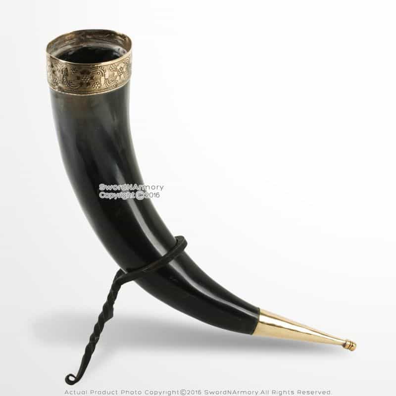Medieval Viking Ceremonial Drinking Horn W/ Brass Fitting And Iron Display Stand