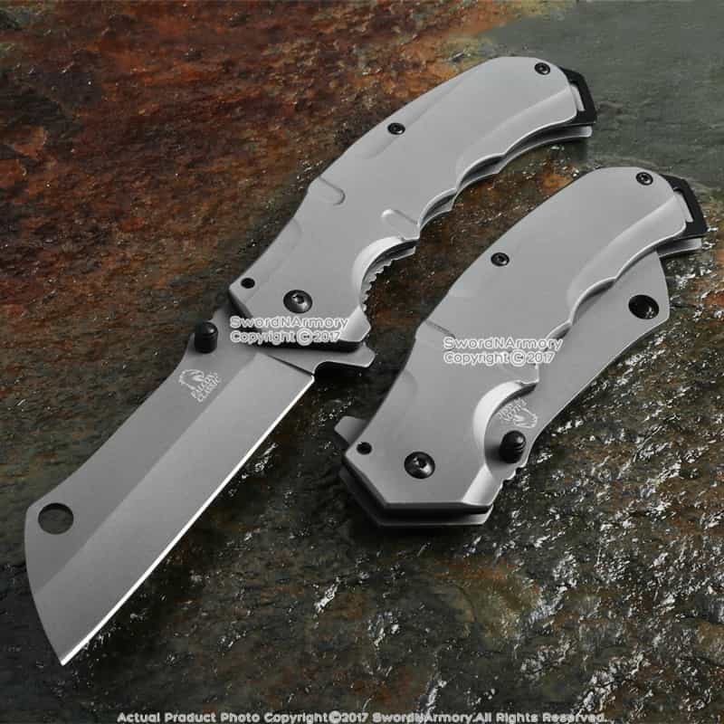 8" Falcon Tactical Classic Spring Assisted Stainless Steel Handle Razor Pocket Knife Cleaver Style