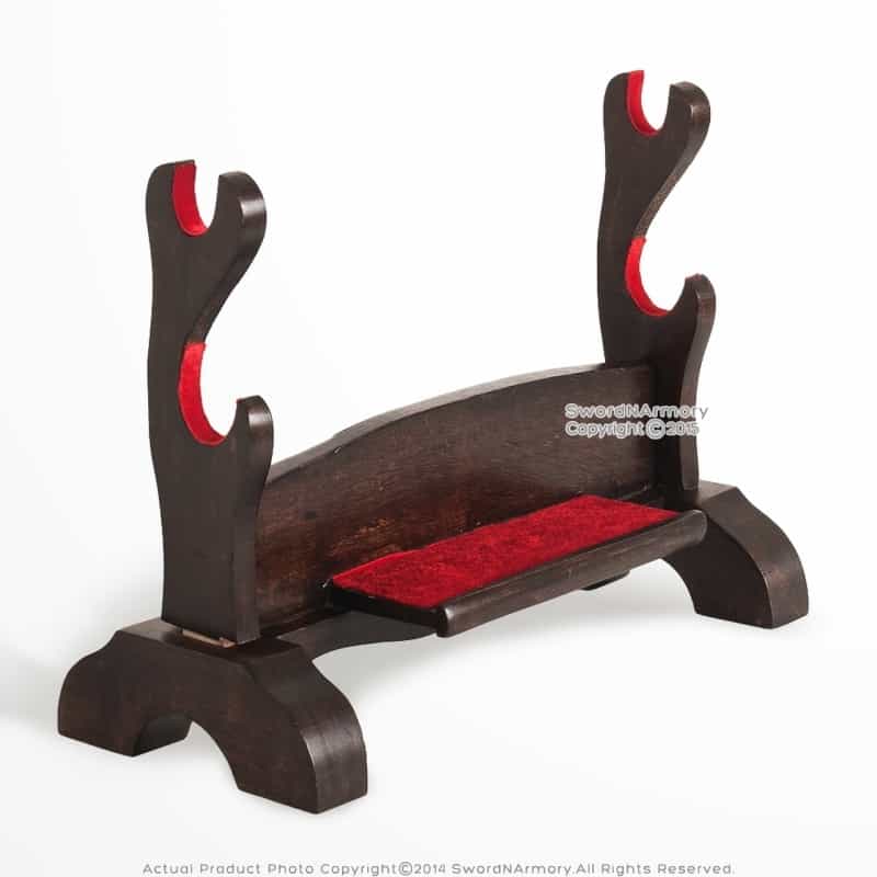 2 Tier Solid Wood Samurai Sword Display Stand W/ Dark Stain Finish Velvet Lined