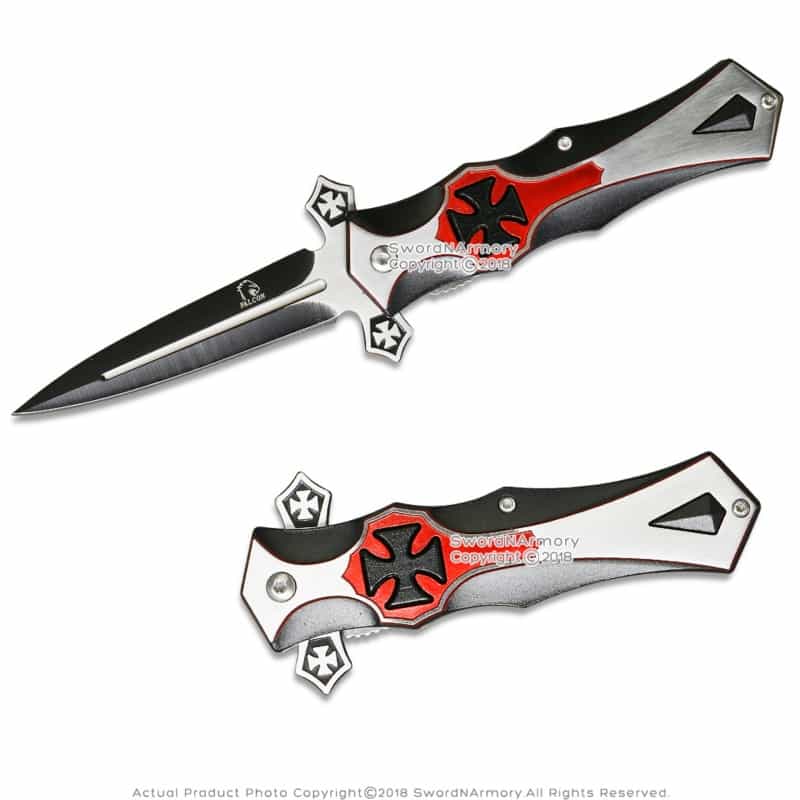 8" Templar Spring Assisted Folding Knife Cross Patee Single Edge Clip Gold Black Red