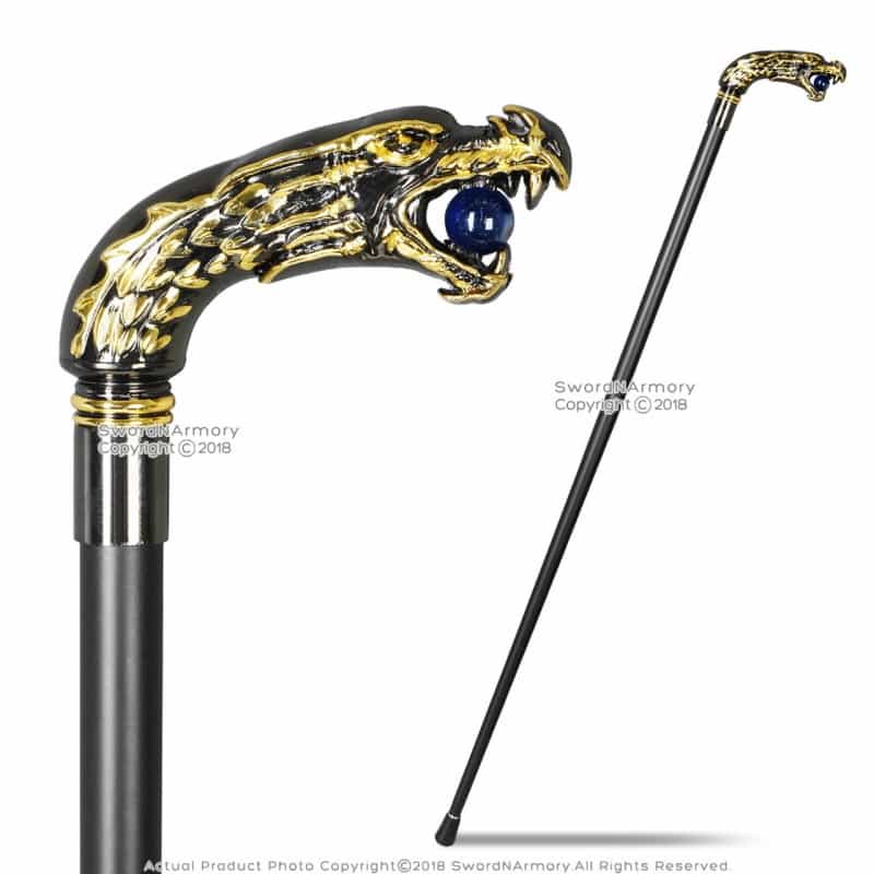 37" Gemstone Gold Dragon Gentleman's Walking Stick W/ Metal Cane And Rubber Tip
