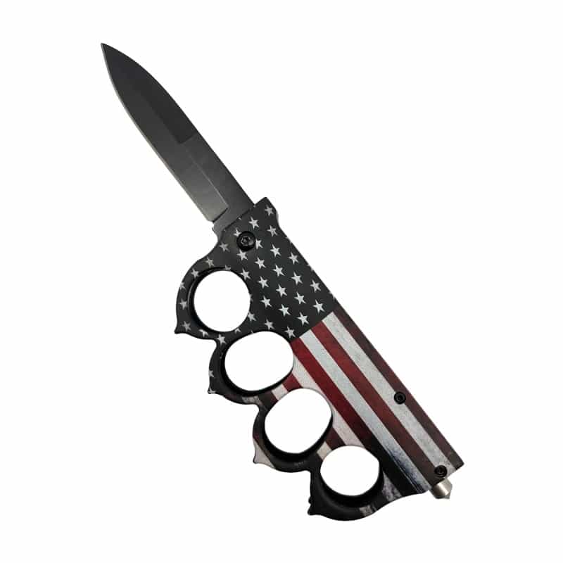 American Flag 5" Spring Assisted Knuckle Knife W/ Spikes & Window Breaker