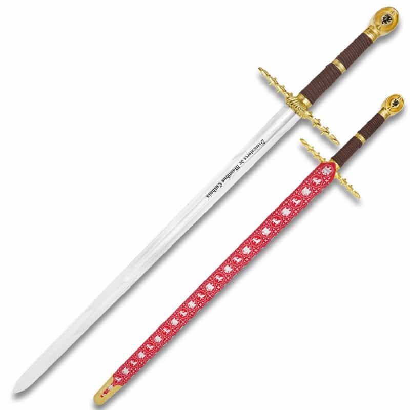 Guild Longsword With Ornate Gold-Tone Guard And Red Decorative Scabbard