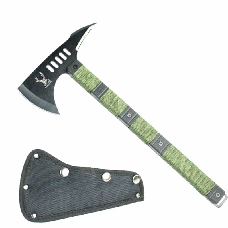 14 1/2" The Bone Edge Black Blade Tactical Axe With Sheath Green Handle