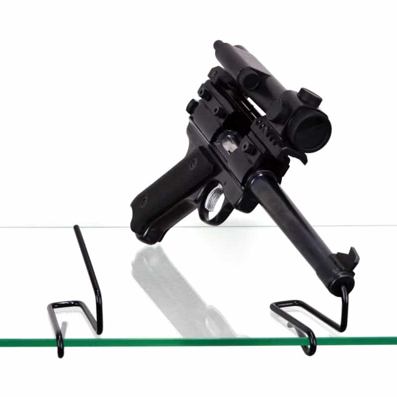 Gun Storage Solutions, Handgun Front Kikstands, Vinyl Coated, Fits Guns As Small As .22 Caliber, 1 Per Stand, Attaches To Back Of Shelf, Black