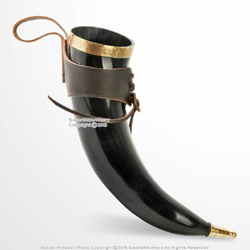 Deluxe Medieval Drinking Horn Bos Taurus Viking Cup Brass Fitting Leather Holder