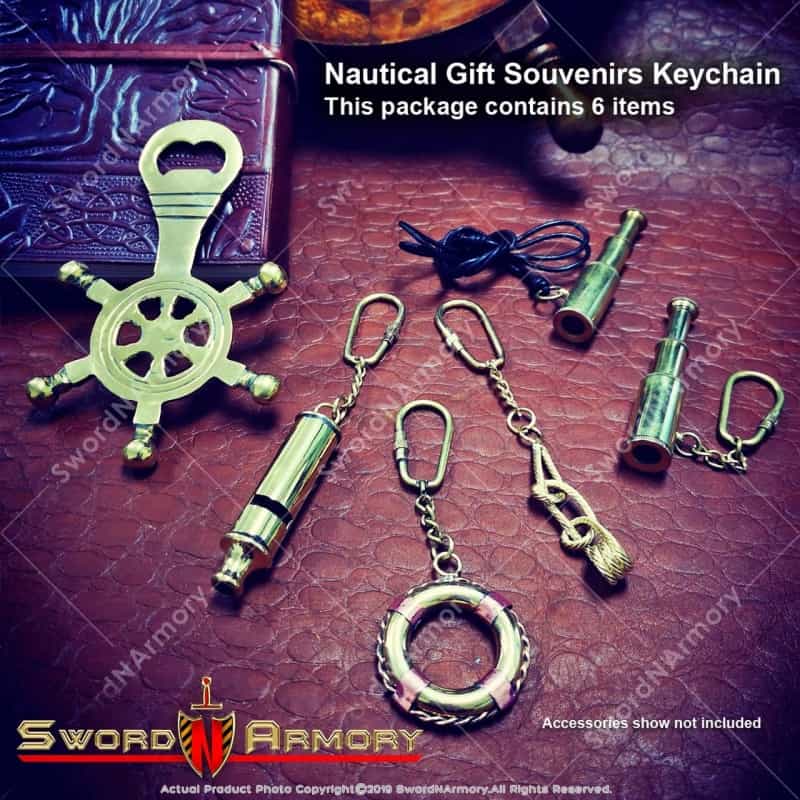 Set Of 6 Handmade Brass Miniature Keychain Keyring Nautical Gift Souvenir Telescope Eyeglass Ship Wheel Bottle Opener