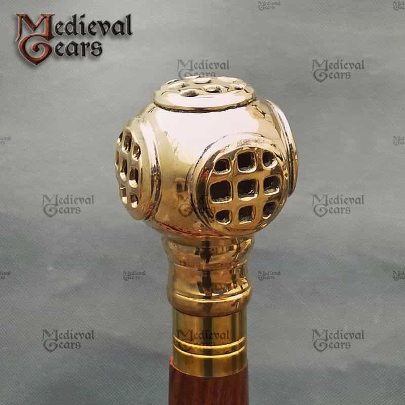 Nautical Diver's Helmet Walking Stick Cane Brass Handle Diving Aquatic Life Decorative
