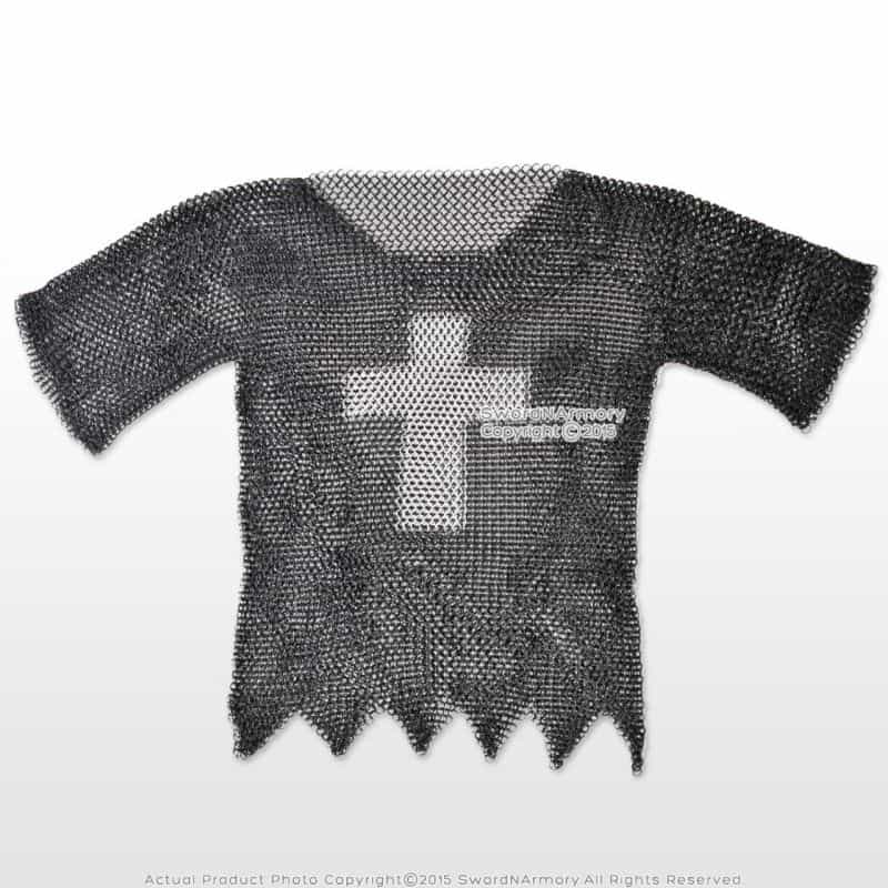 Black X-Large Medieval Chainmail Shirt Steel Butted Half Sleeve W/ Templar Cross