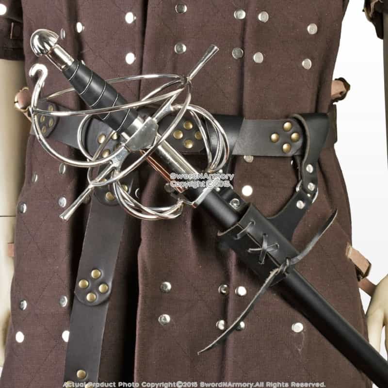 Black Genuine Leather Medieval Right Handed Rapier Sword Frog Belt Hanger Larp