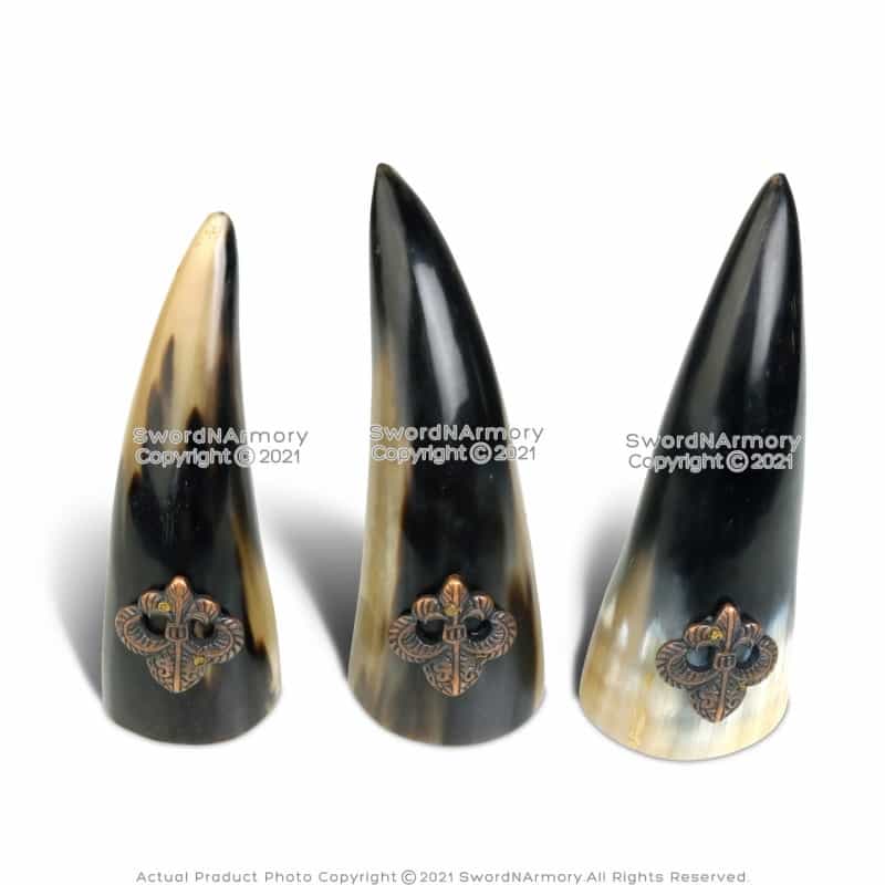 6" Drinking Horn Shots Fleur-De-Lis Lilly Design Viking Norman Genuine Cow Horn