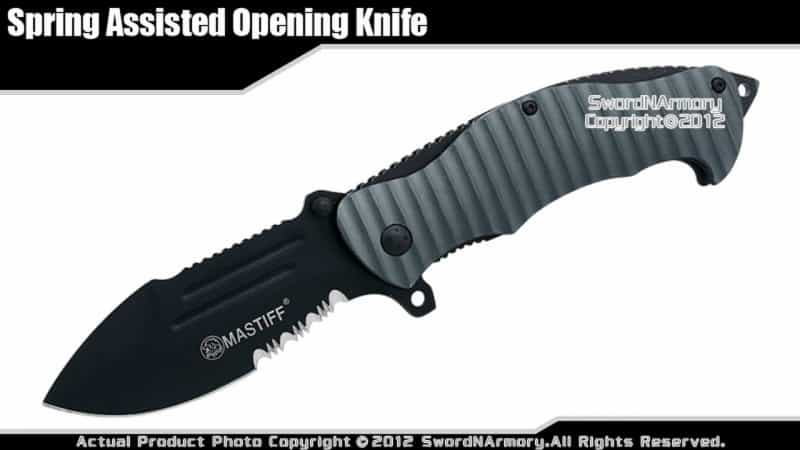 Mastiff Brand Spring Assisted Opening Folding Knife 7Cr17mov Blade Serrated Gray