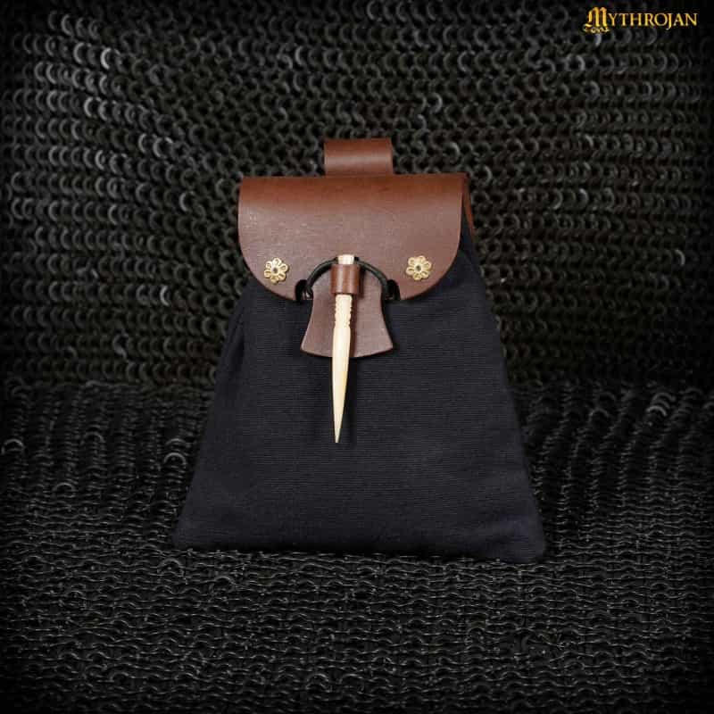 Mythrojan âGold And Diceâ?Medieval Fantasy Belt Bag With Bone Needle Closure, Ideal For Sca Larp Reenactment & Ren Fair, Brown And Black, 7"ã7"