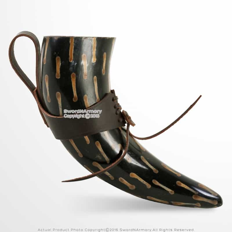 Bos Taurus Cow Horn Medieval Burn Effect Drinking Cup W/ Leather Frog Holder