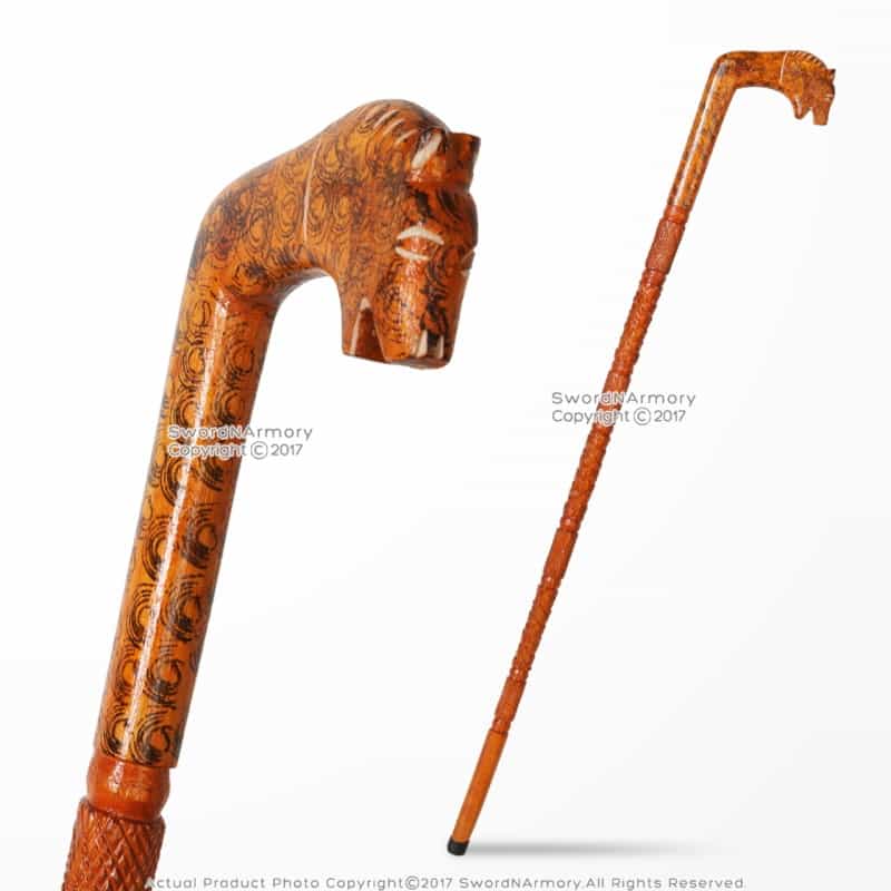 36" Handcrafted Eucalyptus Wood Walking Stick Cane Etched Tiger Shape Handle
