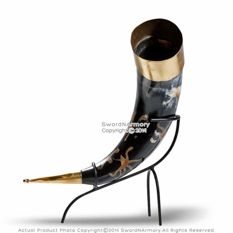 Deluxe Medieval Drinking Horn Viking Mug W/ Brass Fitting And Iron Display Stand
