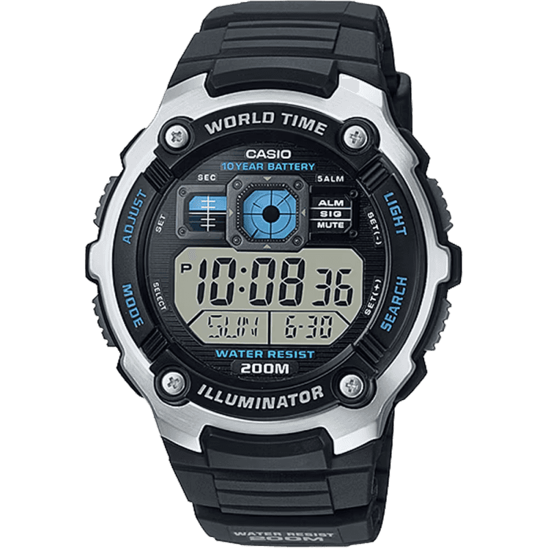 Classic World Time Digital Watch W/ 200 Meter Water-Resistance
