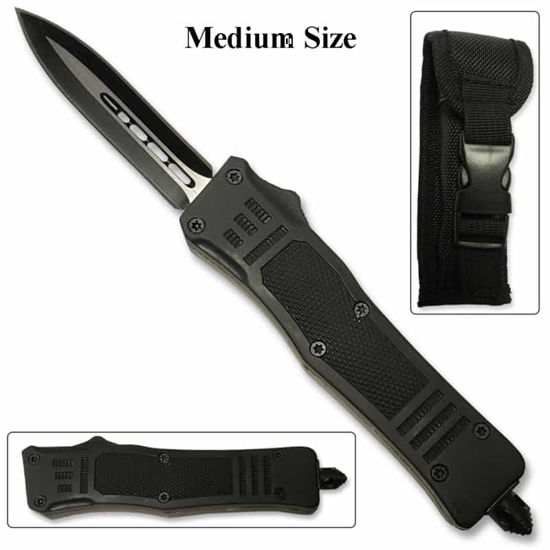 Black Otf Knife Spear Point, Double Edged Blade