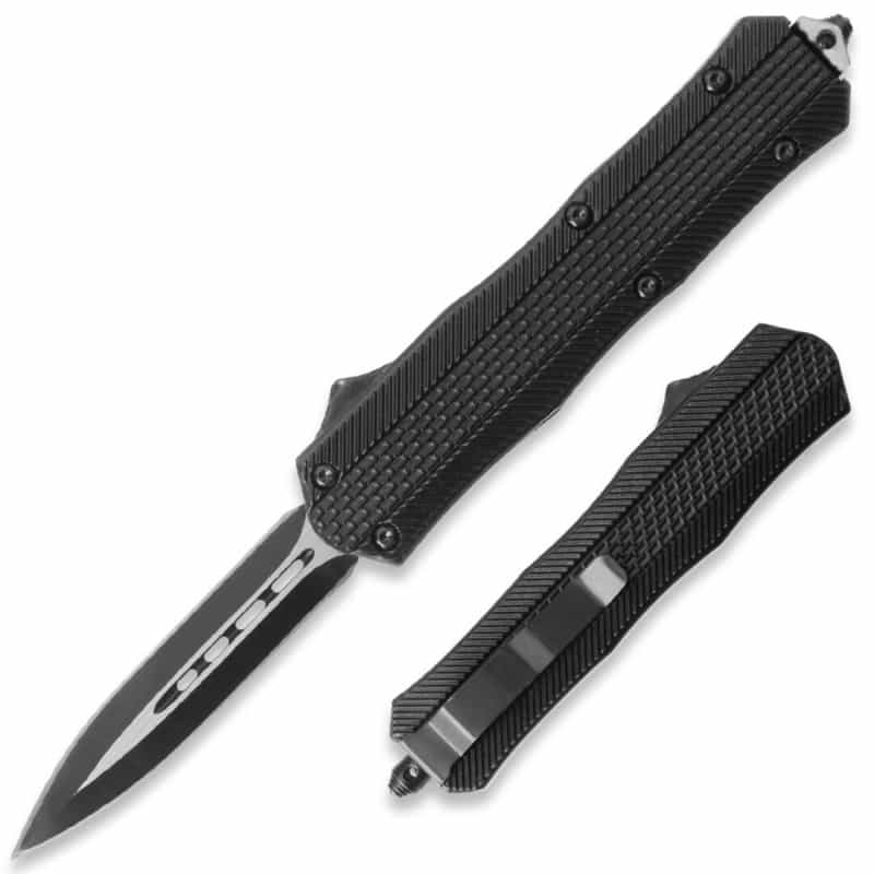 Spear Edge Black Otf Knife W/Comfort Grip Handle Double Edge