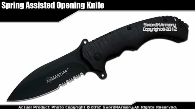 Mastiff Assisted Opening Pocket Knife 7Cr17mov Blade Serrated Steel Handle Black