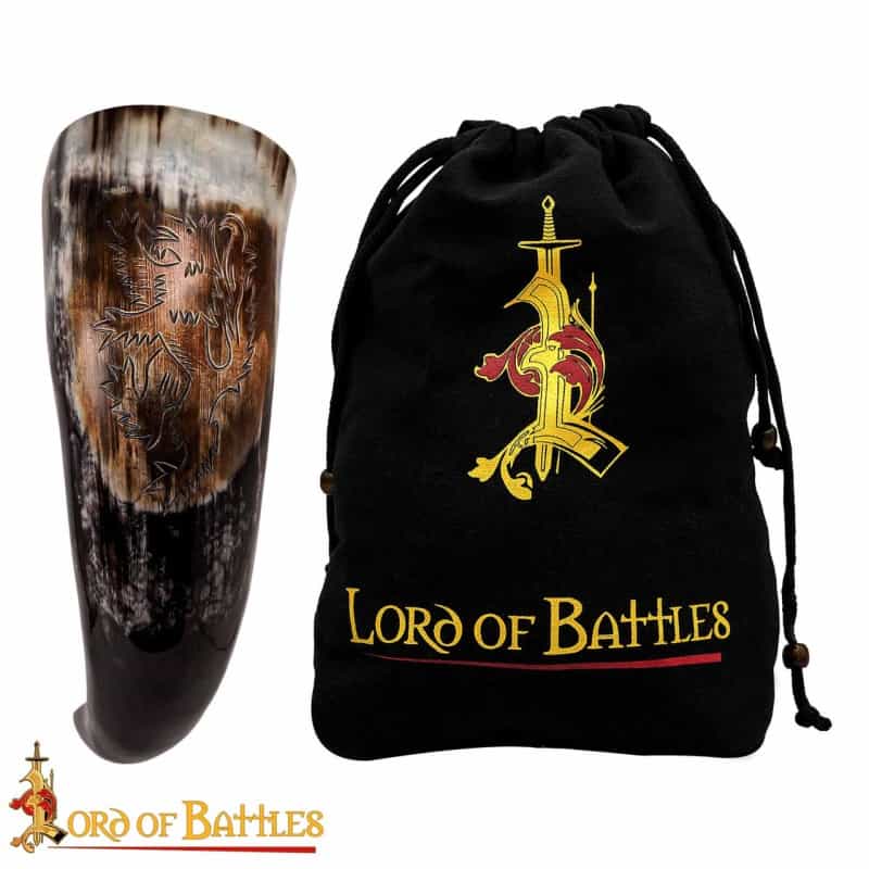 Engraved Rampant Lion Drinking Horn Handcrafted Genuine Ox Horn