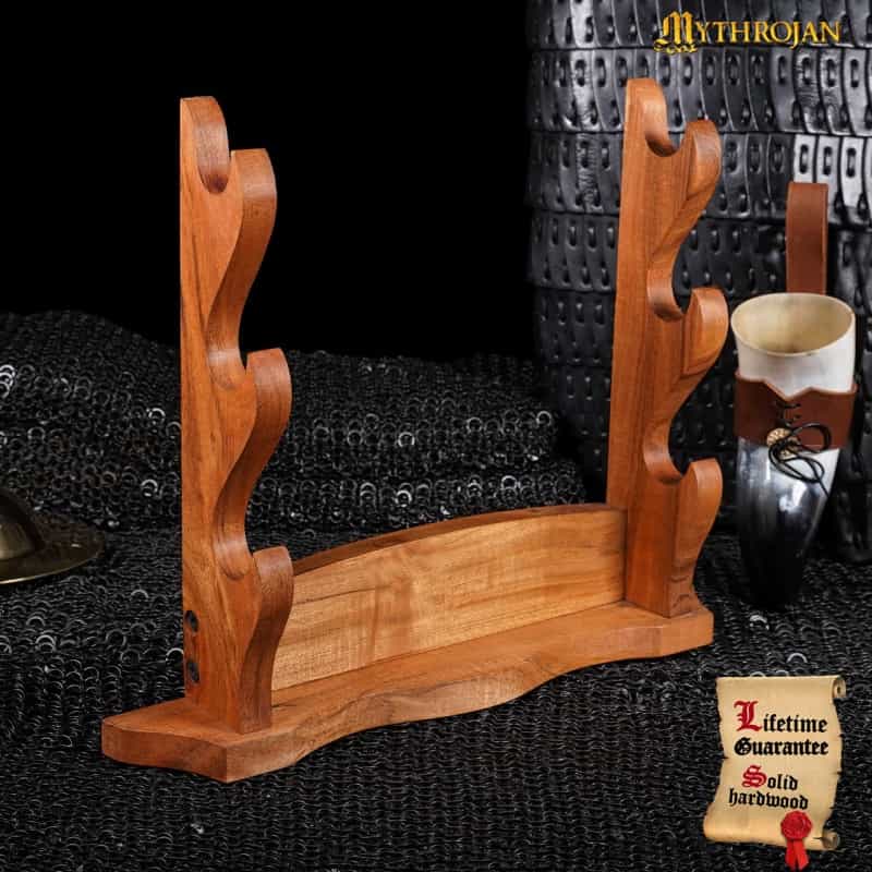 Mythrojan Solid Wood Sword Stand Medieval Sword Wall Mount Samurai Sword Display Stand Katana Sword Holder Gladiator Sword Wall Display Crusader Sword Stand Knife Stand For Display - Three Tier Sand