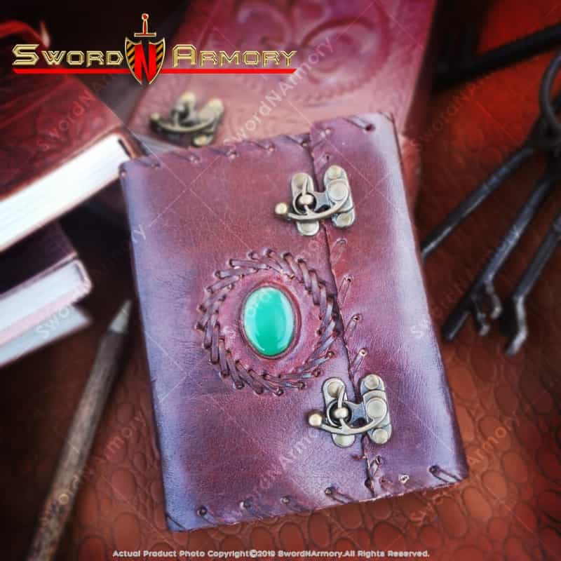 Medieval Renaissance Leather Journal Diary Notebook Notepad W/Lock & Green Stone