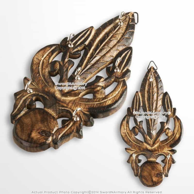 Wooden Burnt Medieval Style Fleur De Lis Cutout Six Keychain Holder Rack Plaq