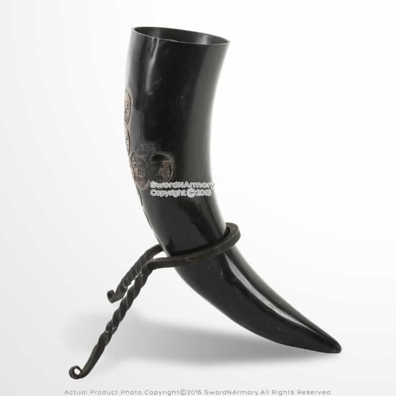 Medieval Pirate Skull Cross Engraved Cow Horn Viking Mug With Iron Display Rack