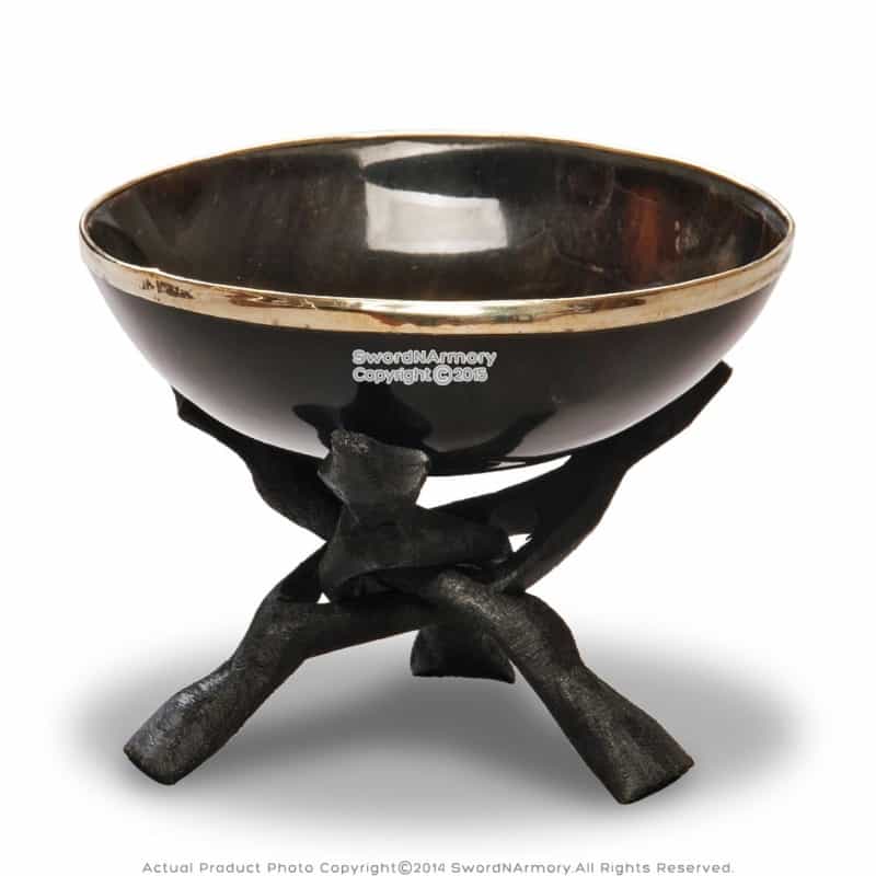 Medieval Cow Horn Bos Taurus Bowl With Wooden Tripod Stand Renaissance Costume